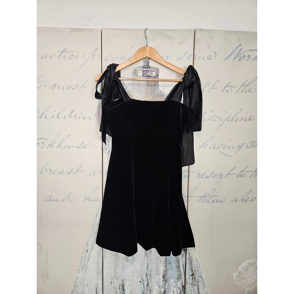 Endless Rose Velvet‎ Mini Dress S Black Satin Bow Shoulder Ties Whimsigoth LBD